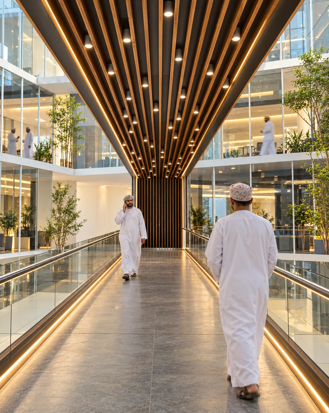 Modern atrium bridge with glass balustrades, timber detailing and Omani visitors