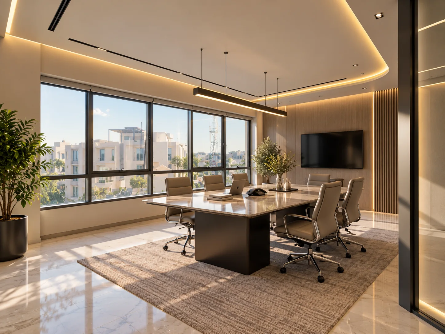 Sunlit fitted conference room with a large meeting table and city views