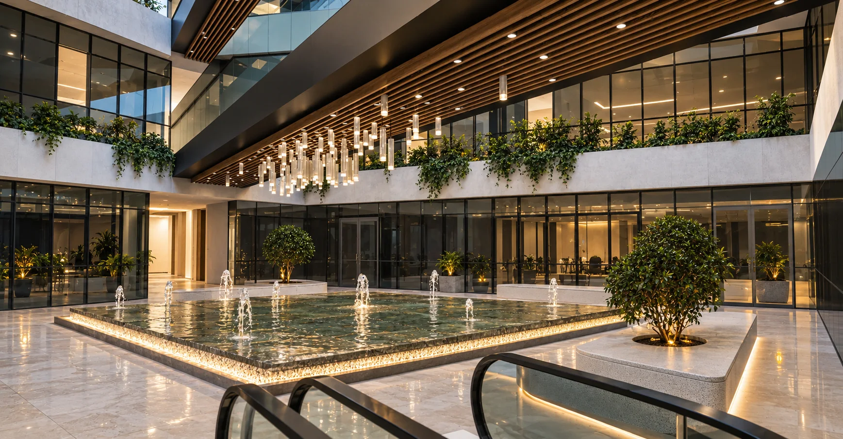 Contemporary courtyard with a reflecting pool, planted terraces and warm architectural lighting