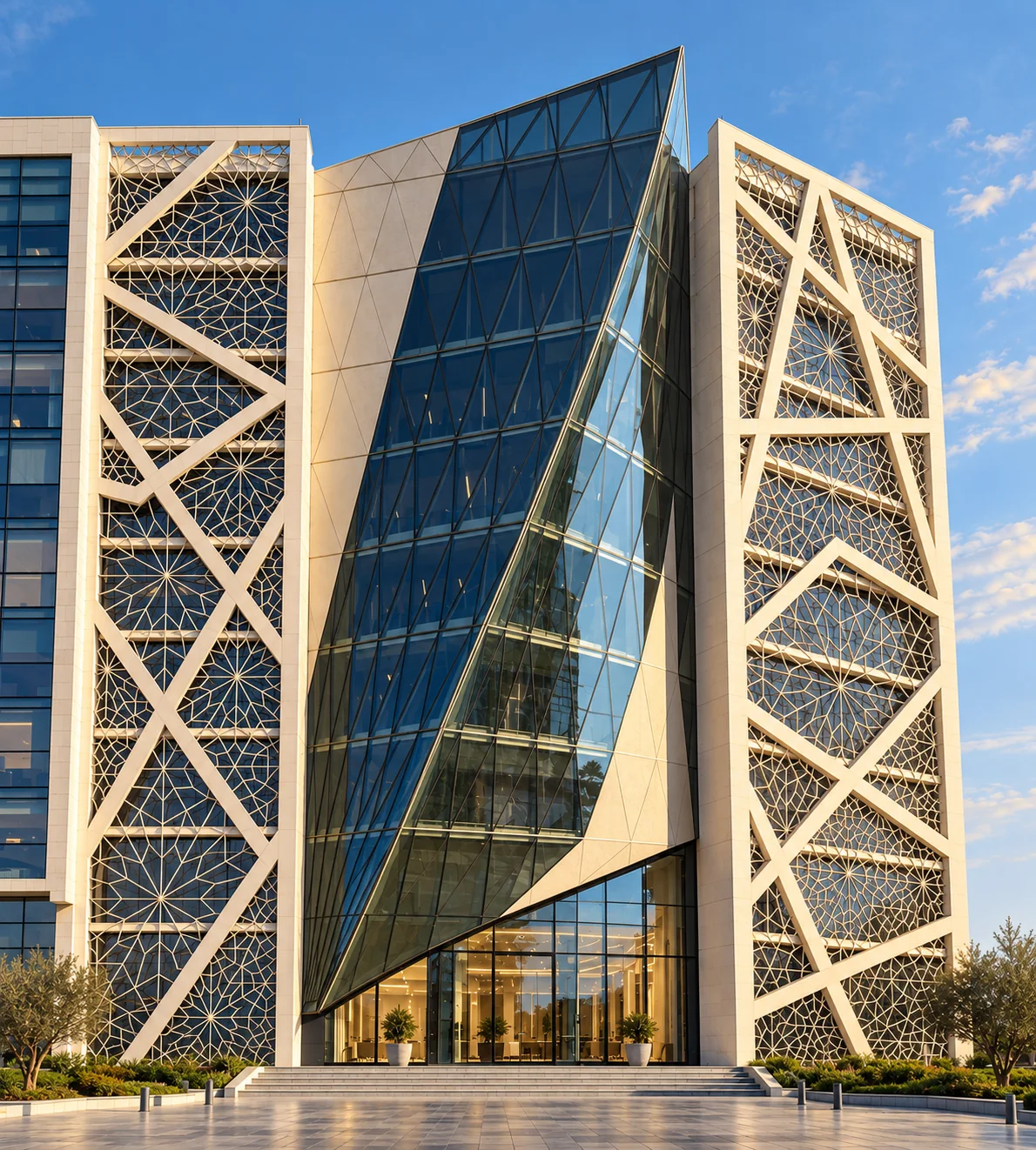 iTower facade with a geometric mashrabiya screen and glazed central entrance