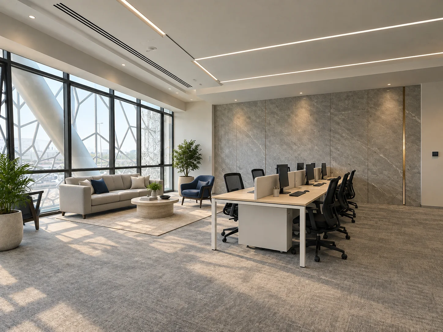 Contemporary fitted iTower office lounge and workspace with daylight