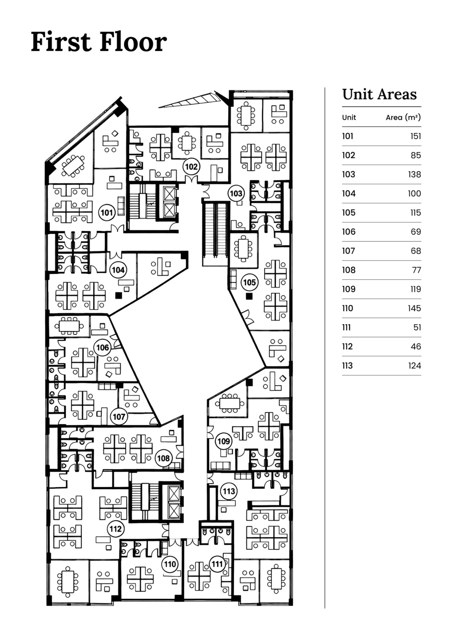 First Floor office plan with units 101 to 113 and areas
