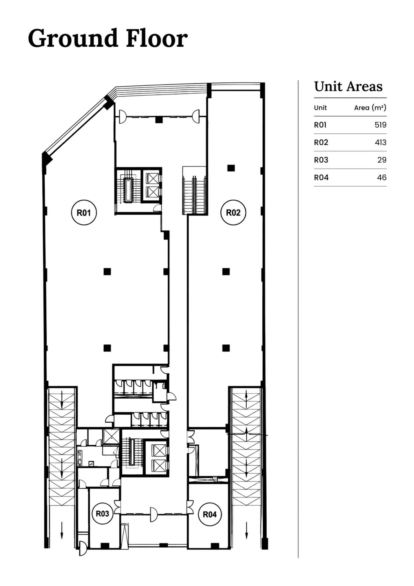Ground Floor retail floor plan, with units R01 to R04 and areas